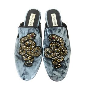 Steve Madden Light Blue-Grayish Velvet Jeweled Snake Design Slides Size 8